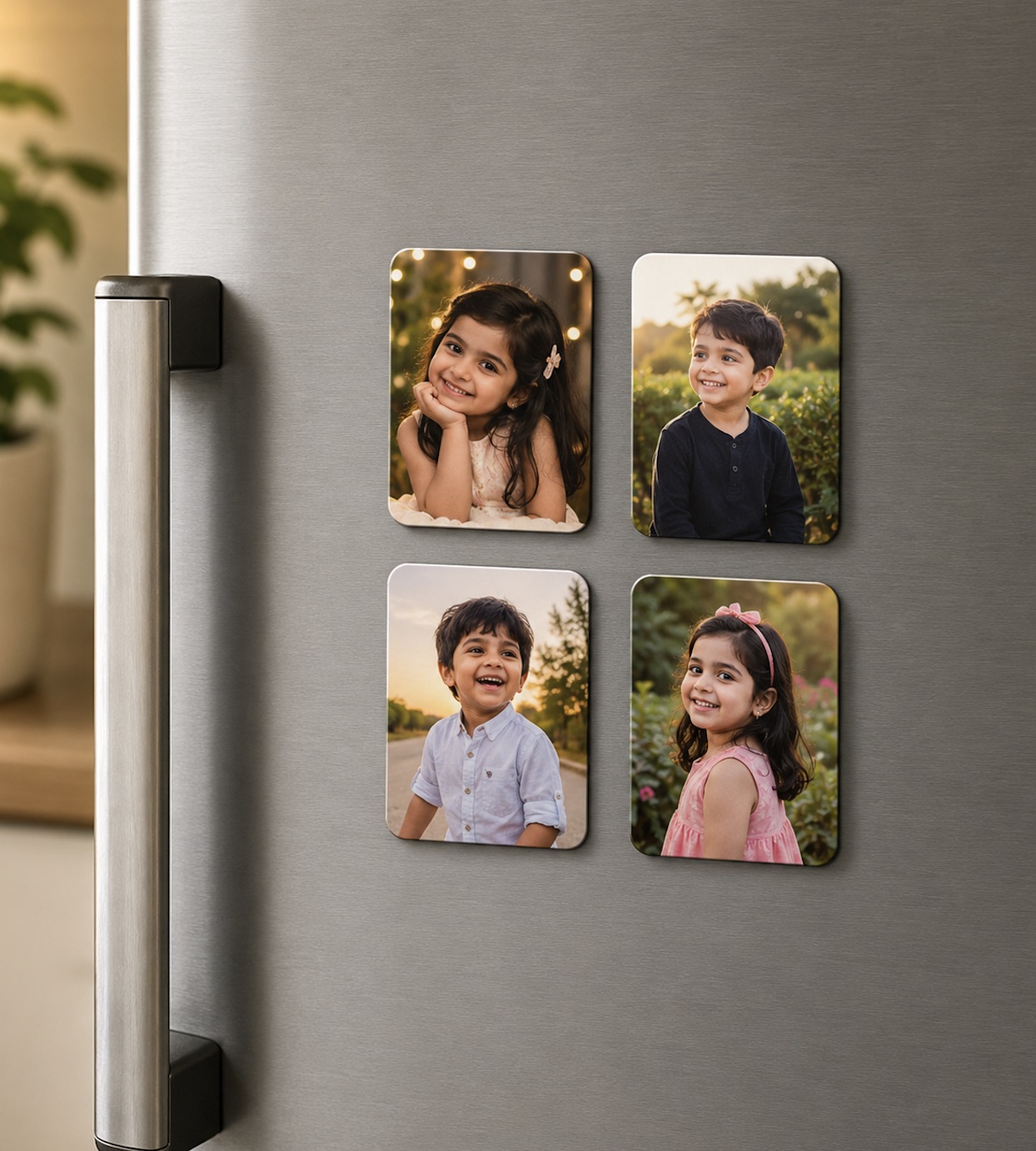 Set of four mini personalized magnetic photos displayed on a refrigerator